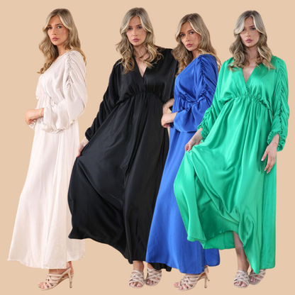 Robe longue en satin à manches froncées