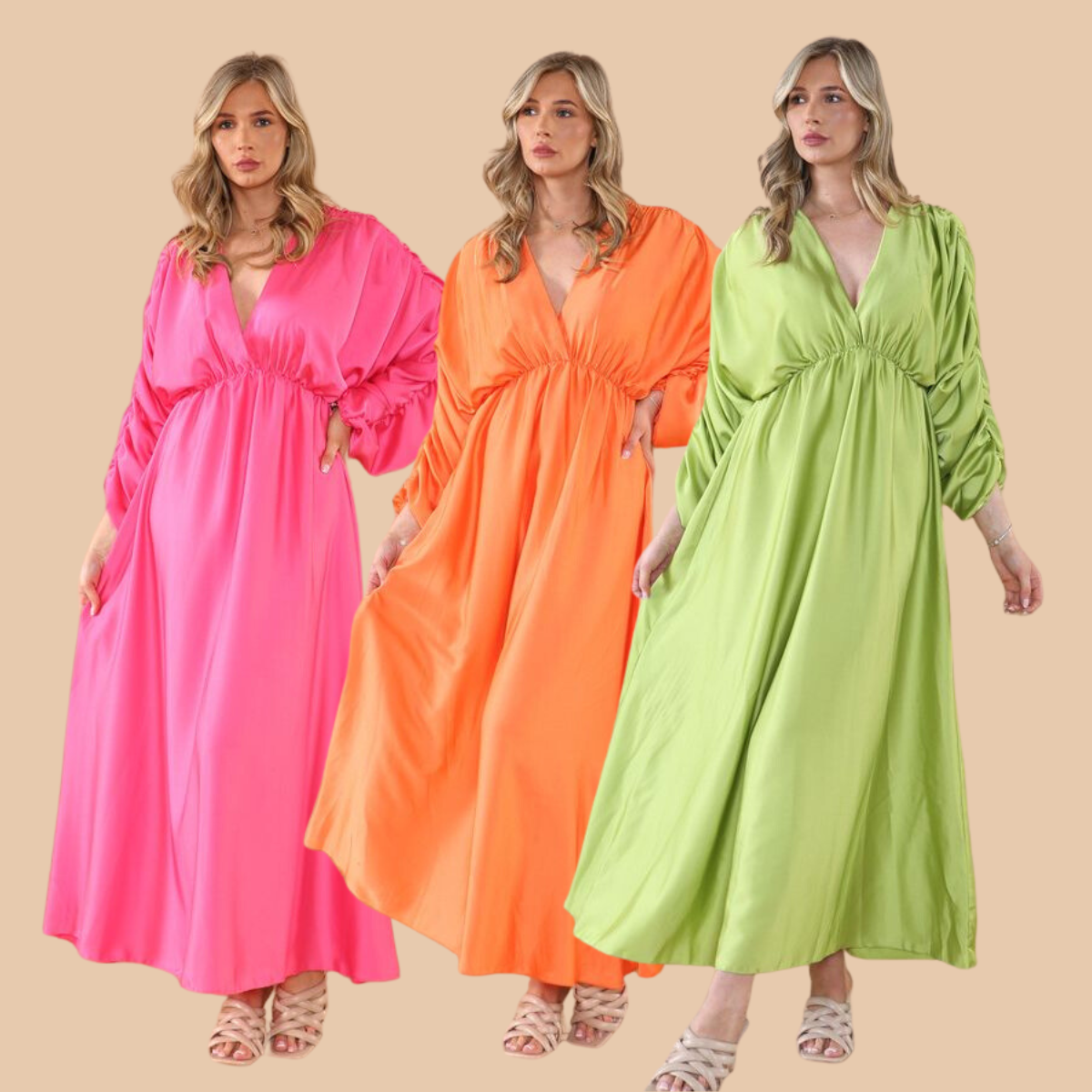 Robe longue en satin à manches froncées