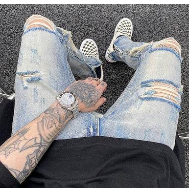 Destroyed ripped Denim jeans Pant men straight leg men - www.Shopthatapp.com