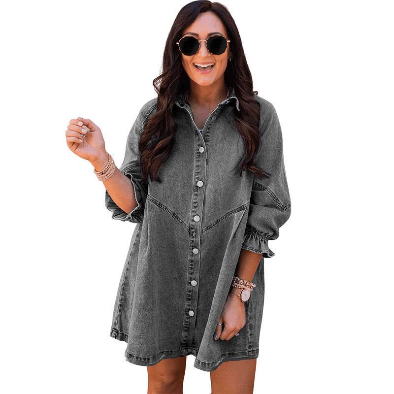 Three-quarter Sleeve Denim Dress Women's Casual Ruffles - www.Shopthatapp.com