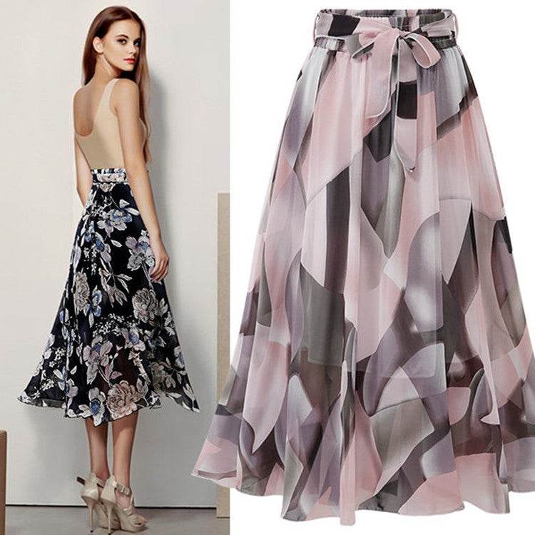 Women Formal Work Office High Waist Floral Midi Big Swing Chiffon Skirt - www.Shopthatapp.com