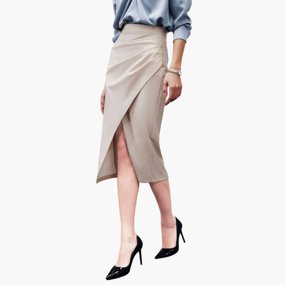 Women Formal Work Office Business High Waist Front Slit Midi Leather Skirt - www.Shopthatapp.com