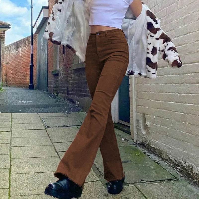 Brown High Waist Stretch Bootcut Jeans Women Casual Pants - www.Shopthatapp.com