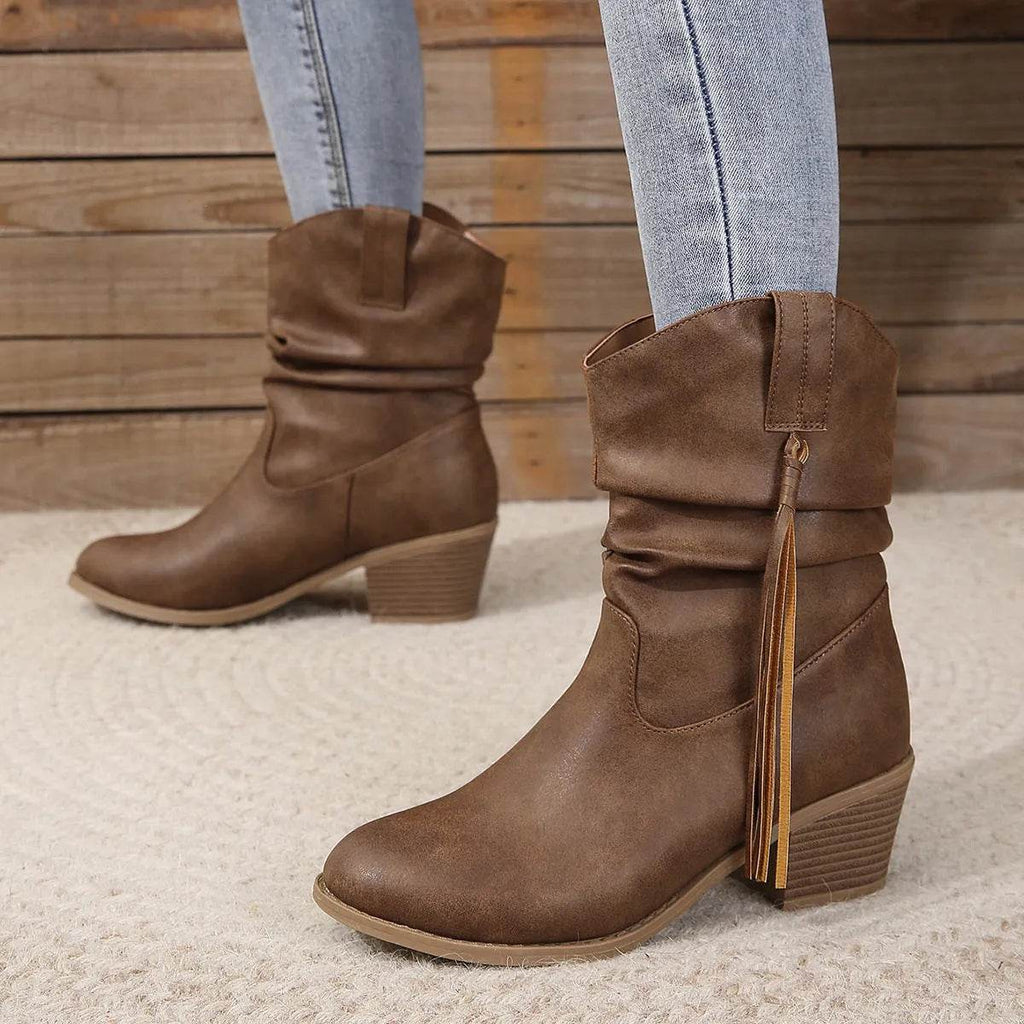 Retro Tassel Boots Winter Thick Square Heel Mid-calf Knight Western Boots Woman Fashion Shoes - www.Shopthatapp.com