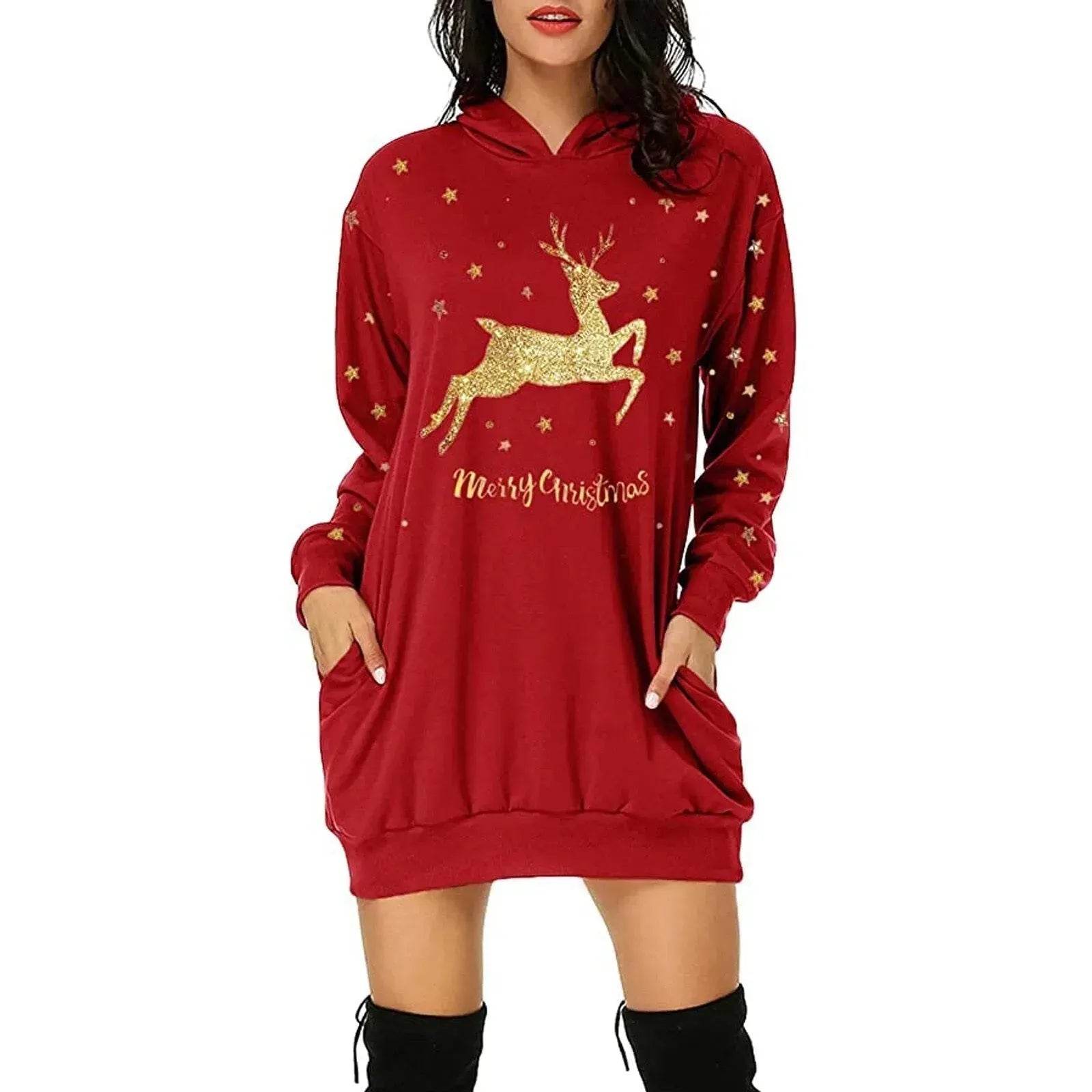 Christmas hot sale printed mid-length pocket hooded long-sleeved sweater - www.Shopthatapp.com