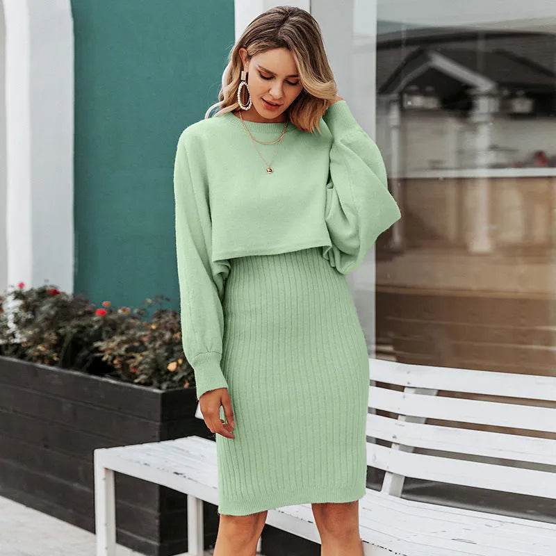Women 2pcs Winter Outfit Cashmere dress Cropped Pullover top - www.Shopthatapp.com