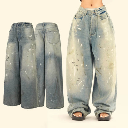 Washed Distressed Casual Loose Wide-leg Baggy Jeans Pant Splash-ink Design Slimming Unisex Style Mop Pants Men And Women - www.Shopthatapp.com