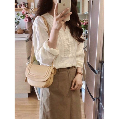 Unique Chic V-neck Long-sleeved Linen blouse top women - www.Shopthatapp.com