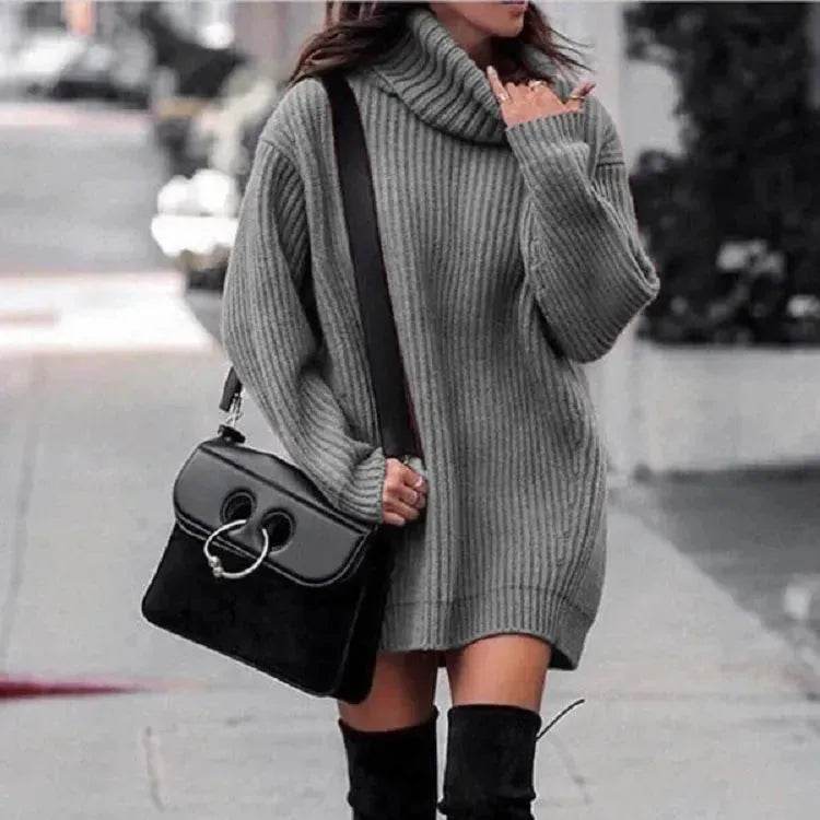Autumn Winter Solid Cashmere oversized Knitted Mini Turtleneck Sweater Dress - www.Shopthatapp.com
