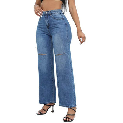 Elegant Ripped Wide-leg Baggy Jeans Pant Women - www.Shopthatapp.com