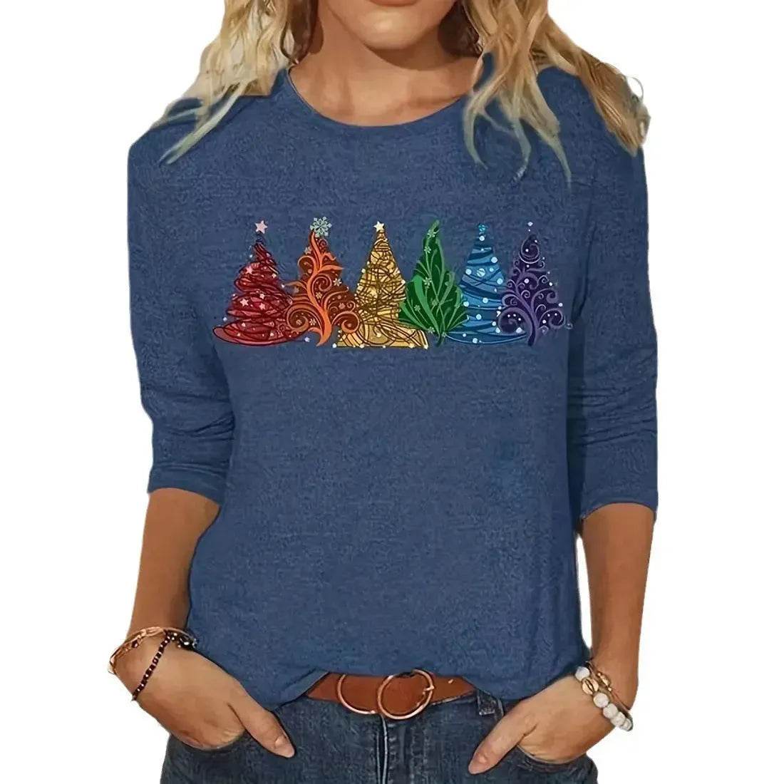 Women's Long-sleeved T-shirt Christmas Tree Printed Round Neck Loose Casual - www.Shopthatapp.com