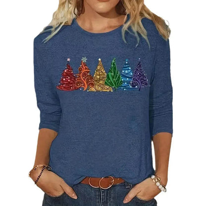 Women's Long-sleeved T-shirt Christmas Tree Printed Round Neck Loose Casual - www.Shopthatapp.com