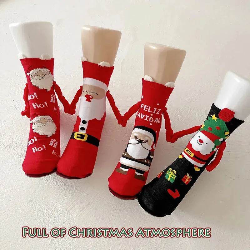 Christmas Magnetic Socks Cute Elk Santa Claus Snowman Hand-holding Socks For Couple - www.Shopthatapp.com