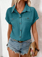 Lapel Shoulder Pleated Pocket Short Sleeve Top Shirt T-shirt Women - www.Shopthatapp.com