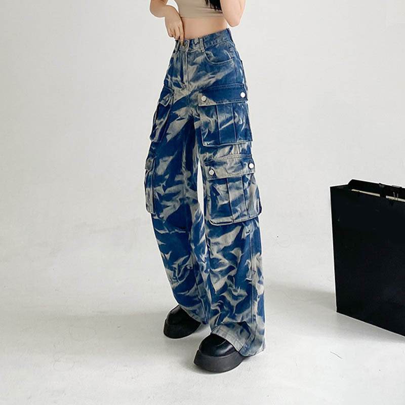 New Tie-dye Baggy CargoTrousers With Pockets Y2K Fashion High Waist Loose Wide Leg Pants Spring And Autumn - www.Shopthatapp.com