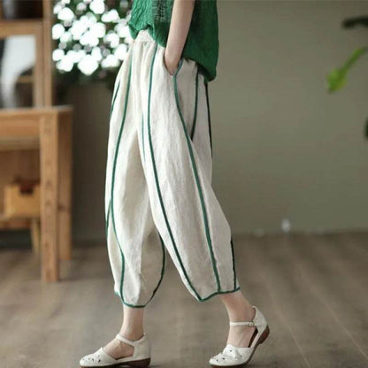 Summer Thin Striped Cotton And Linen Cropped trouser Pants For Women - www.Shopthatapp.com