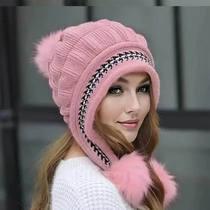 Women Cozy Knit Fleece-Feel Beanie With Ear Flaps Winter Hat Perfect For Skiing & Outdoor Activities - www.Shopthatapp.com