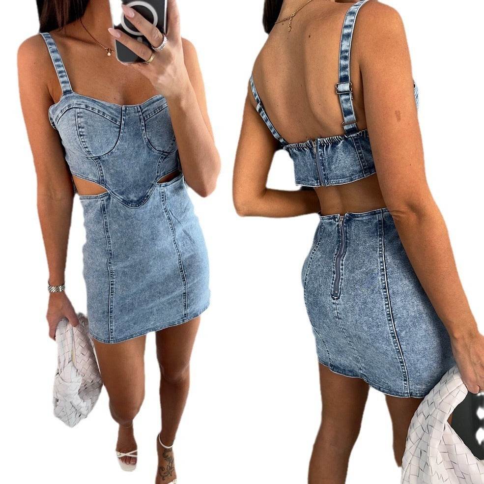 Women's Fashion Suspenders Backless Denim Dress - www.Shopthatapp.com