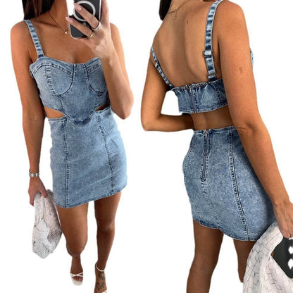 Women's Fashion Suspenders Backless Denim Dress - www.Shopthatapp.com
