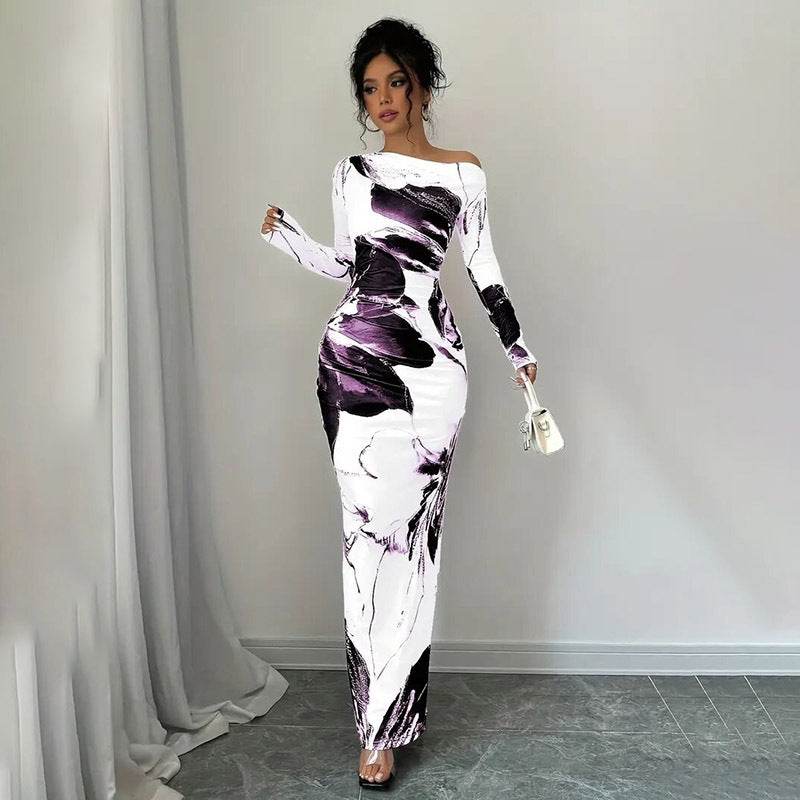 Elegant Long Sleeve Off-Shoulder Tie-Dye Floral Bodycon Dress Stretchy Season Party & Casual Dress - www.Shopthatapp.com