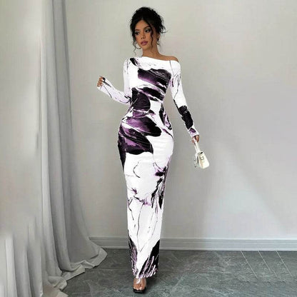Elegant Long Sleeve Off-Shoulder Tie-Dye Floral Bodycon Dress Stretchy Season Party & Casual Dress - www.Shopthatapp.com