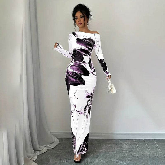 Elegant Long Sleeve Off-Shoulder Tie-Dye Floral Bodycon Dress Stretchy Season Party & Casual Dress - www.Shopthatapp.com