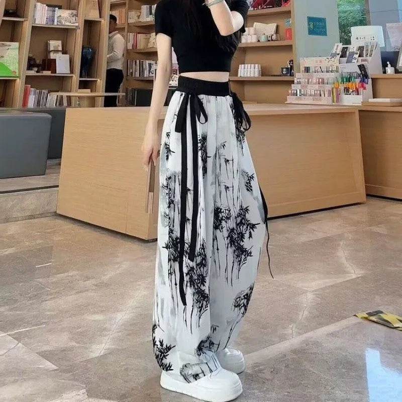 New Painting Ice Silk Wide-leg Baggy Trouser Pants Summer Women - www.Shopthatapp.com