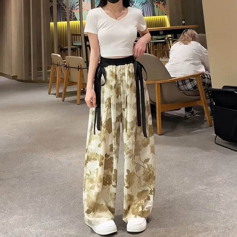 New Painting Ice Silk Wide-leg Baggy Trouser Pants Summer Women - www.Shopthatapp.com