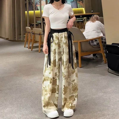 New Painting Ice Silk Wide-leg Baggy Trouser Pants Summer Women - www.Shopthatapp.com