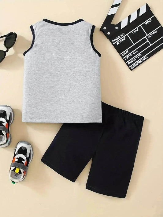 Summer Trendy Boys Letter Fist Print Sleeveless Casual Pants Suit Sleeveless two piece for boys Daddy and me outfit - www.Shopthatapp.com