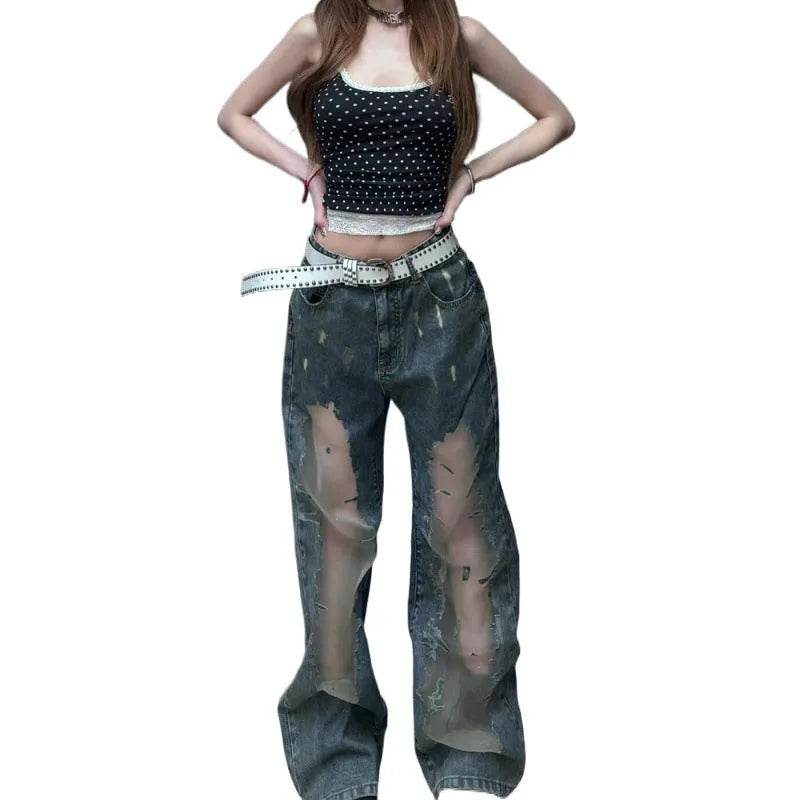 Retro Washed Ripped Baggy Jeans Pant For Women Summer Hollow Out - www.Shopthatapp.com