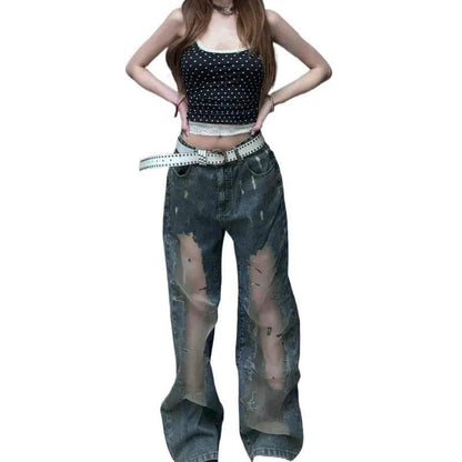 Retro Washed Ripped Baggy Jeans Pant For Women Summer Hollow Out - www.Shopthatapp.com