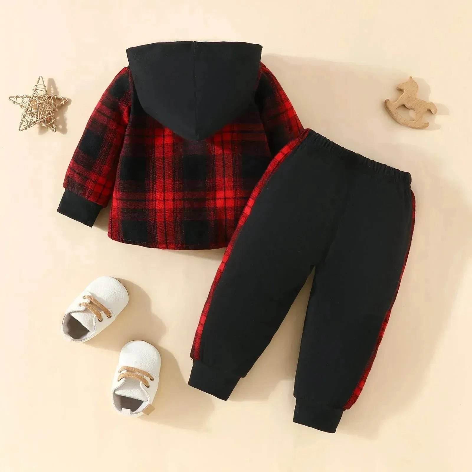 Toddler Baby Boy Classic Plaid Hooded Long Sleeve Shirt Contrast Color Trousers Suit Two piece for boys - www.Shopthatapp.com