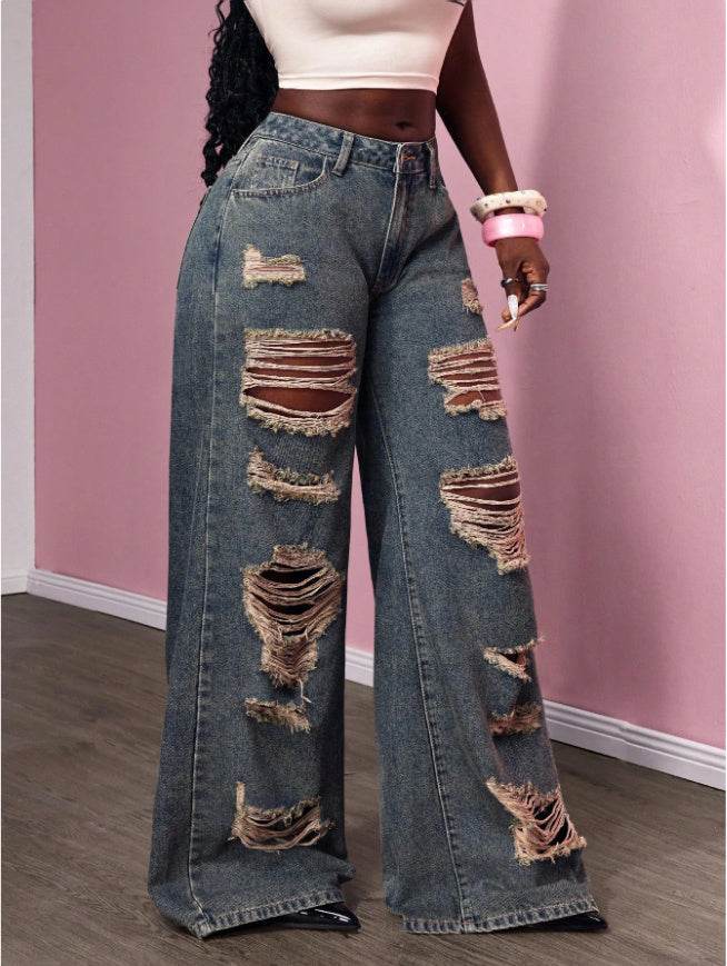 Women's Retro Distressed Kimchi Wide-leg Jeans - www.Shopthatapp.com