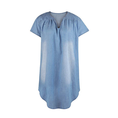 Round Neck Pleated Loose Solid Color Casual Plus Size Denim Dress - www.Shopthatapp.com