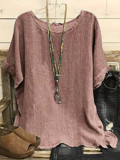 Women Fashion Casual blouse top 3/4 Sleeve Round Neck Blouses Summer Loose linen Tops Streetwear - www.Shopthatapp.com