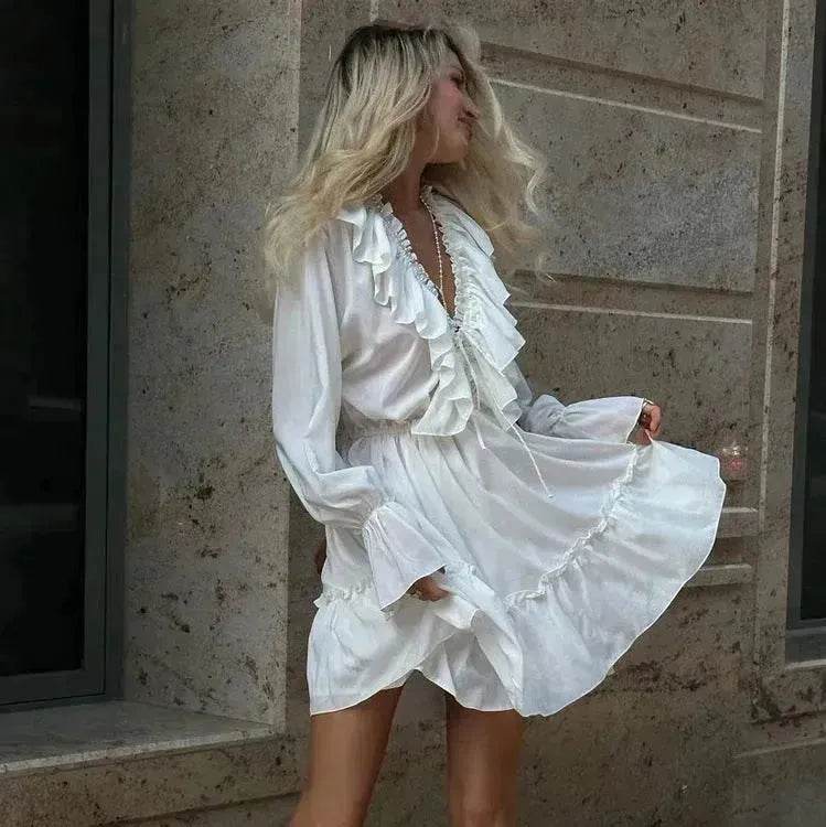 Casual Fashion V Neck Pleated Ruffle Long Sleeve Dress Y2K V Neck Flared Sleeve Short Mini Skater Dress Women's Clothing - www.Shopthatapp.com