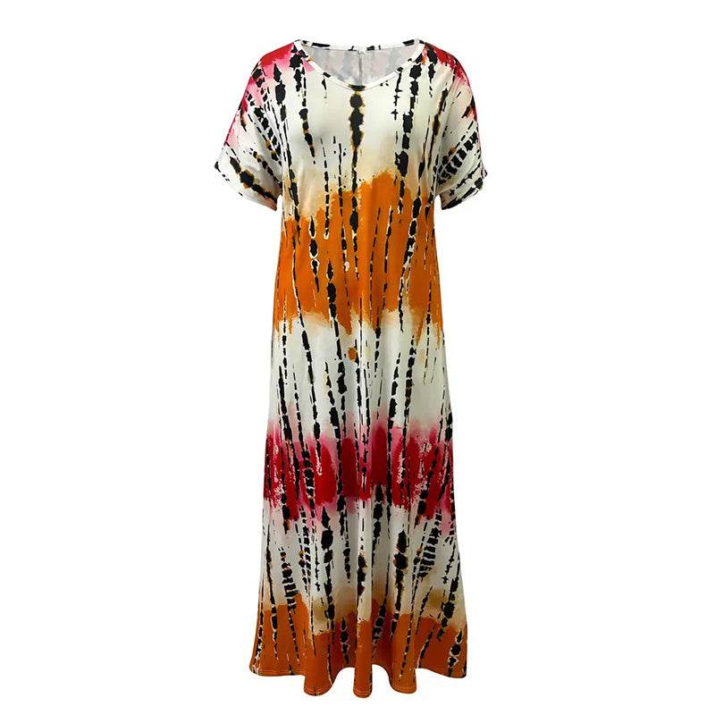Women's Summer Tie Dye Maxi Dress Short Sleeve V Neck Casual Loose Long Split Dresses - www.Shopthatapp.com