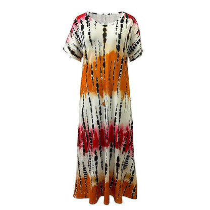 Women's Summer Tie Dye Maxi Dress Short Sleeve V Neck Casual Loose Long Split Dresses - www.Shopthatapp.com