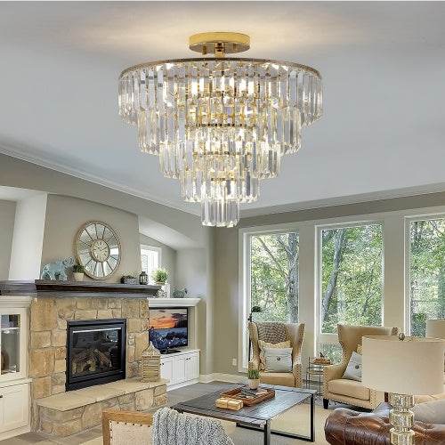 Golden Crystal Chandelier, 5-layer Round Semi-recessed Chandelier Lamp, Large Modern Luxury Chandelier, Suitable For Living Room, Dining Room, Bedroom, Corridor - www.Shopthatapp.com