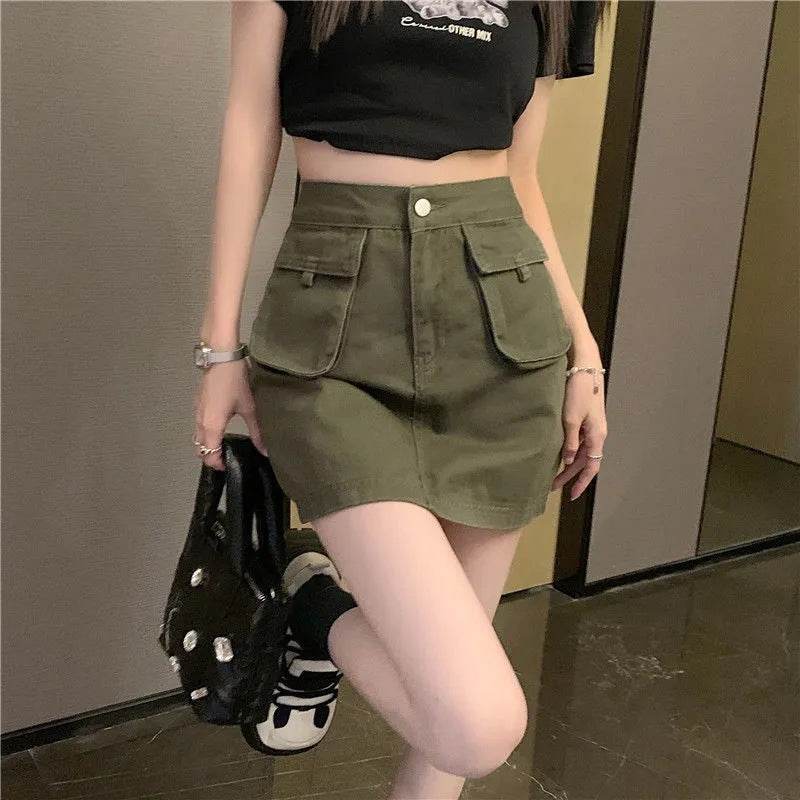 Workwear Denim Skirt Women's A- Line High Waist Mini Cargo Skirt - www.Shopthatapp.com