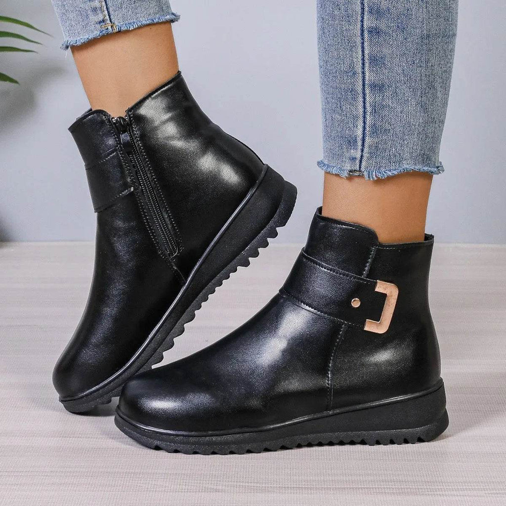 Winter Fleece Boots With Side Zipper Design Fashion Simple Non-slip Ankle Boots For Women Warm Pu Leather Shoes - www.Shopthatapp.com