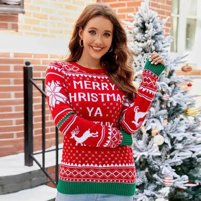 Women's Christmas Sweater Reindeer Xmas Snowflake Christmas Tree Patterns Knitted Sweater Long Sleeve Elk Letter Printed Pullover - www.Shopthatapp.com