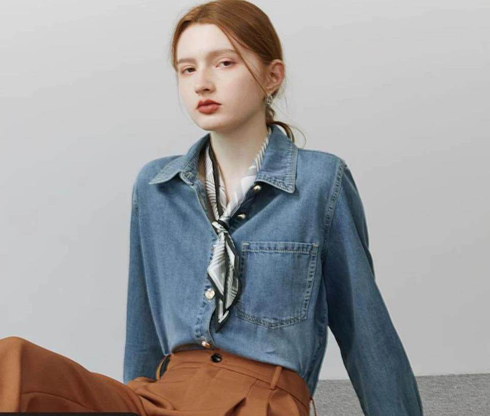 Blue Soft Denim Shirt Jacket Women's Long Sleeve Bandage Denim Dress Top - www.Shopthatapp.com