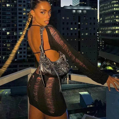 Women Fashion Slim Fit Hollow Long Sleeve Dress Y2K Charming Backless Hip-hugging Short Mini Suspender Dresses for Club Party - www.Shopthatapp.com