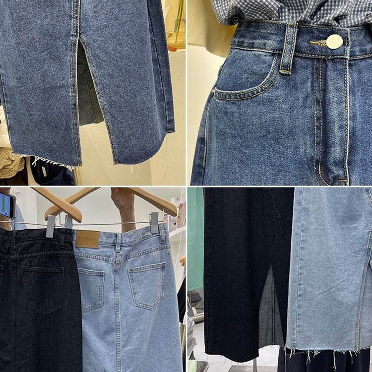 Casual Front Slit Dark Blue and Light Blue Denim Midi Skirt for women - www.Shopthatapp.com