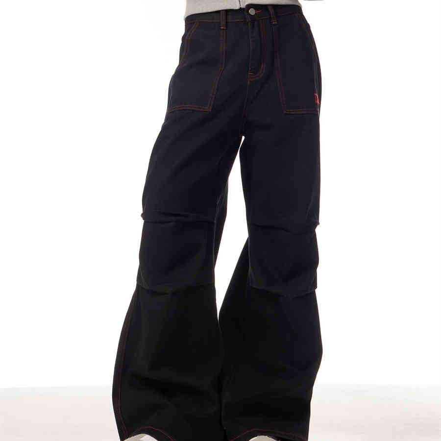 Contrasting Color Of Black And Red Workwear With Pocket Trousers - www.Shopthatapp.com