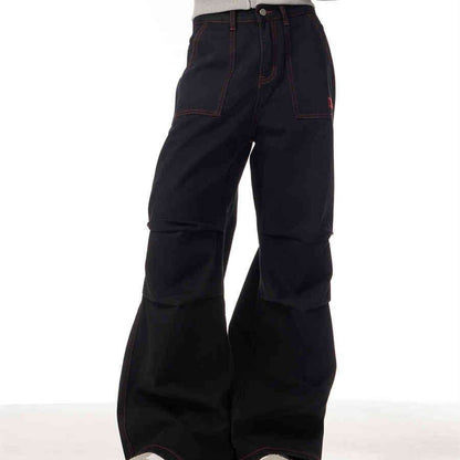 Contrasting Color Of Black And Red Workwear With Pocket Trousers - www.Shopthatapp.com