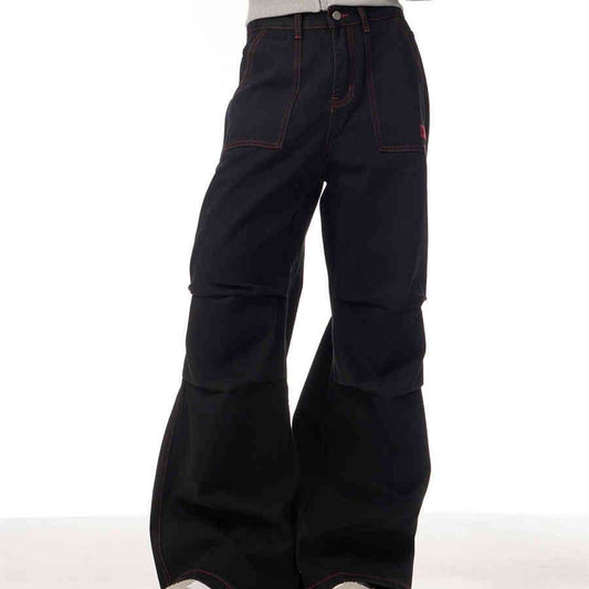 Contrasting Color Of Black And Red Workwear With Pocket Trousers - www.Shopthatapp.com