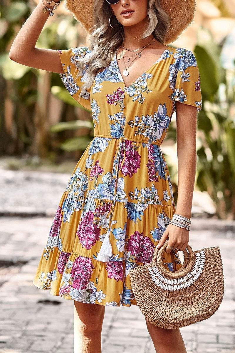 Women Casual floral summer dress  Printed V-neck short sleeve Mini Dress - www.Shopthatapp.com